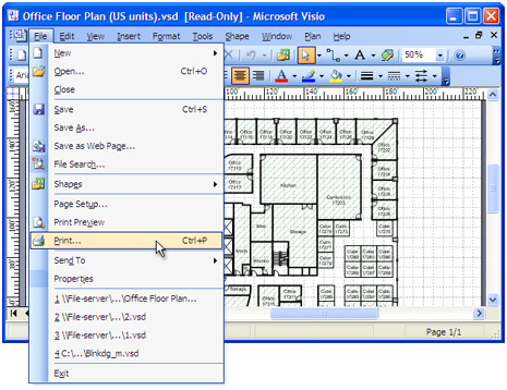 Open the drawing in Microsoft Visio and select "File->Print" in the main menu